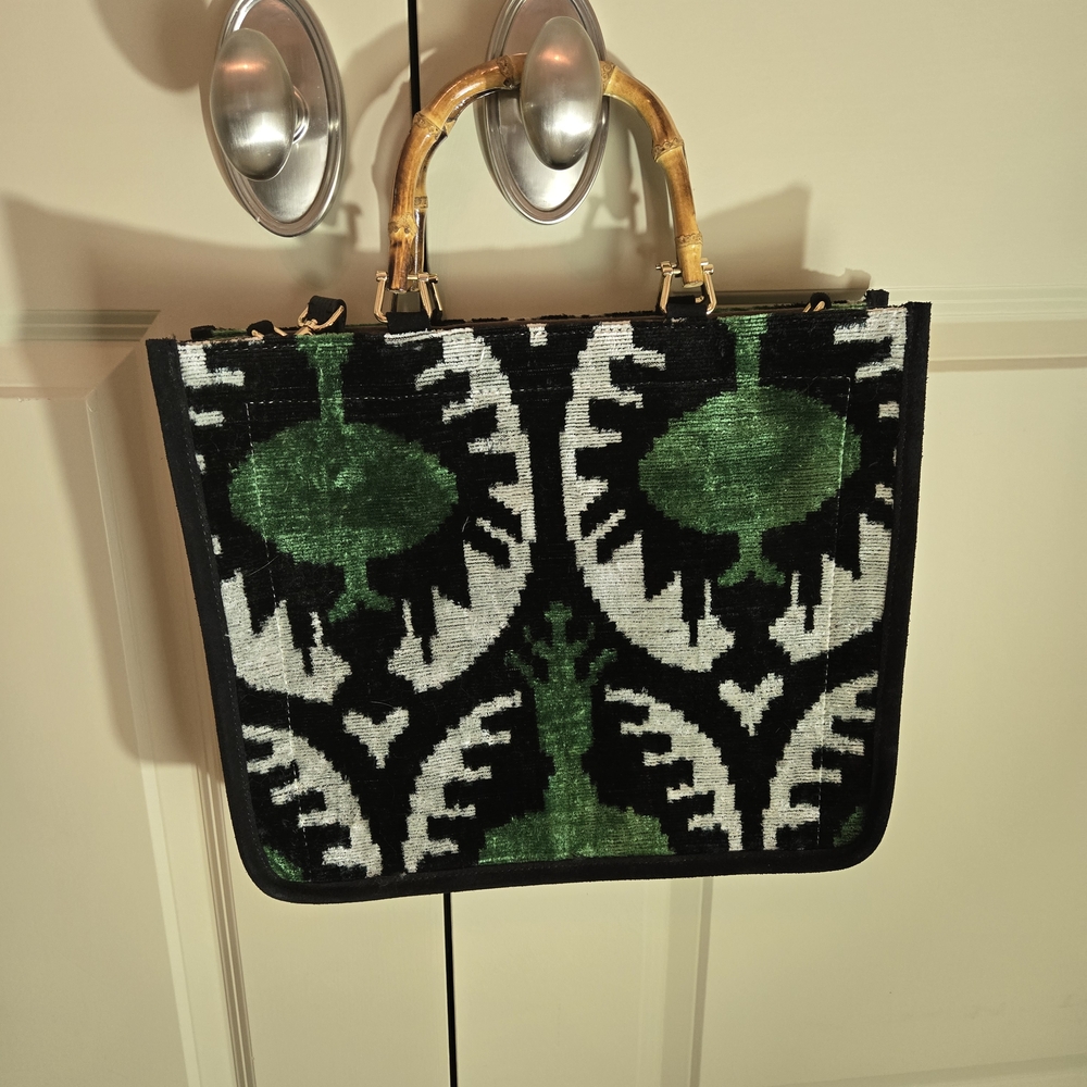 Chic Black and Green Tote Bag with Bamboo Handles